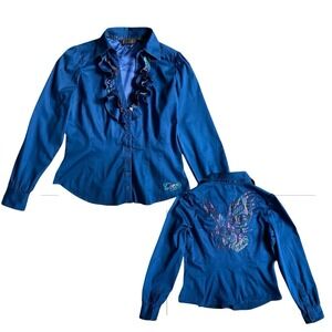 Vintage Coogi Blouse Top XL Fits L Blue Button Up Embroidered Ruffled Coquette